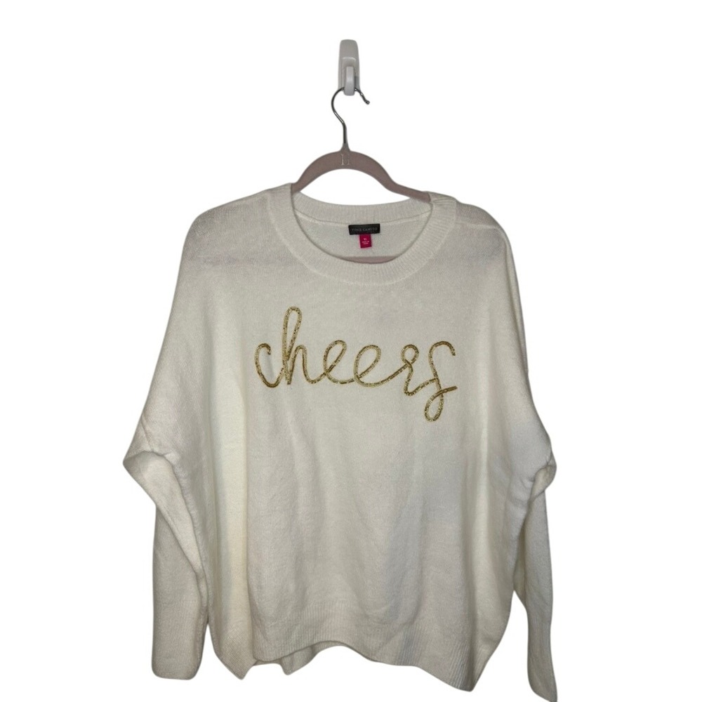 Vince Camuto Cheers Holiday Sweater‎ XL Cream Gold Sparkle Party Top NWT